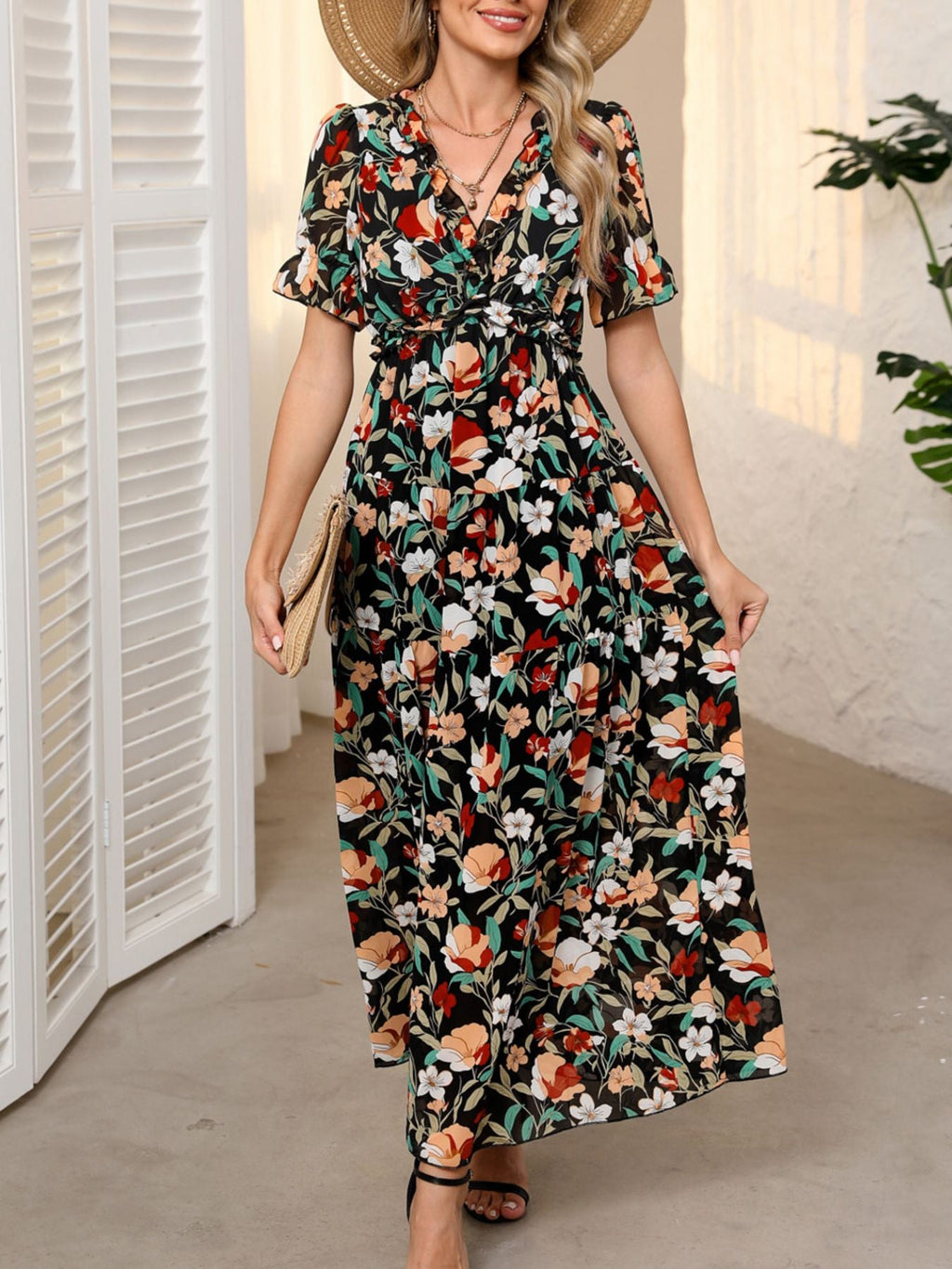 Floral V-Neck Waist Maxi Dress