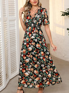 Floral V-Neck Waist Maxi Dress