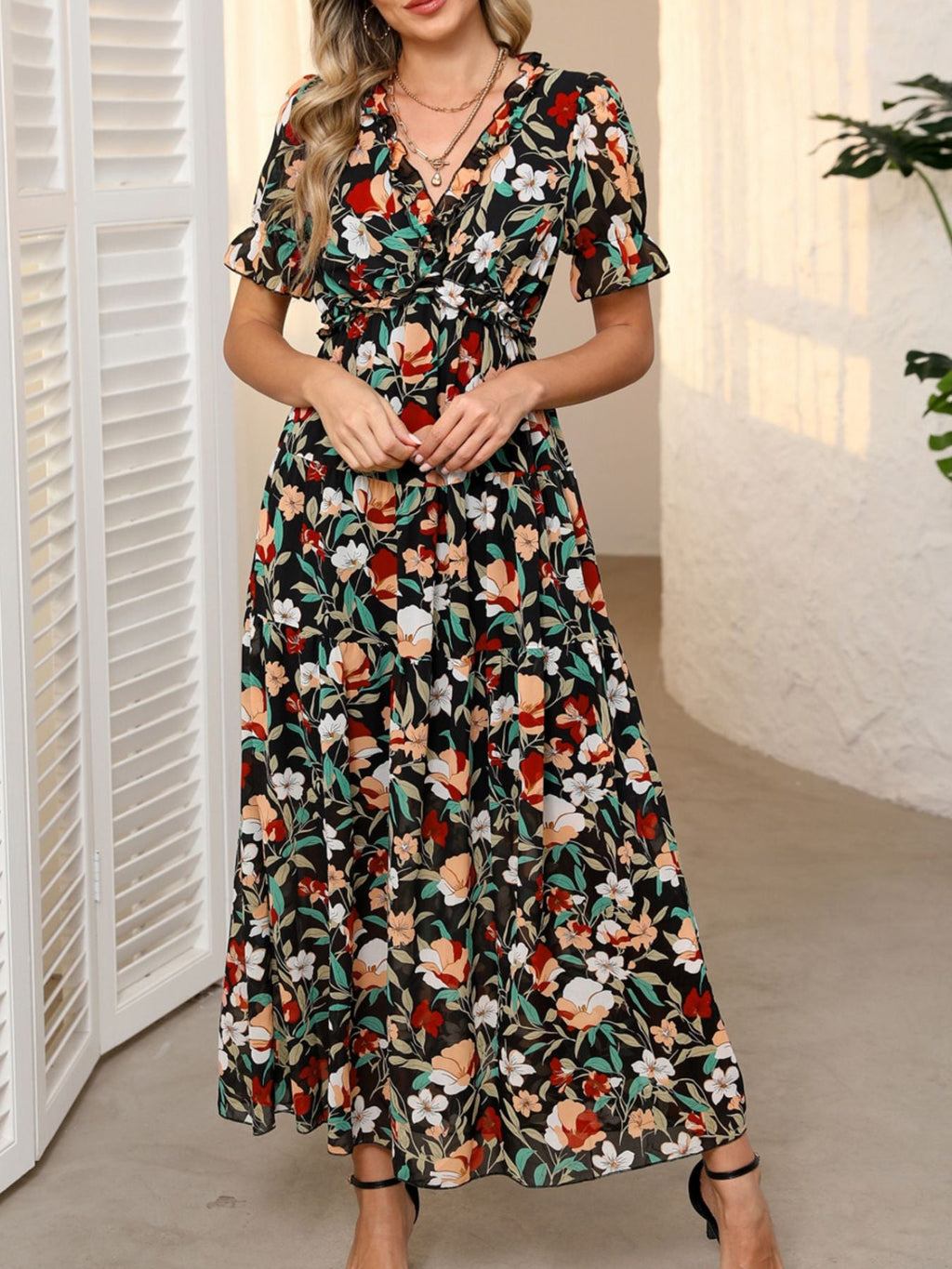 Floral V-Neck Waist Maxi Dress