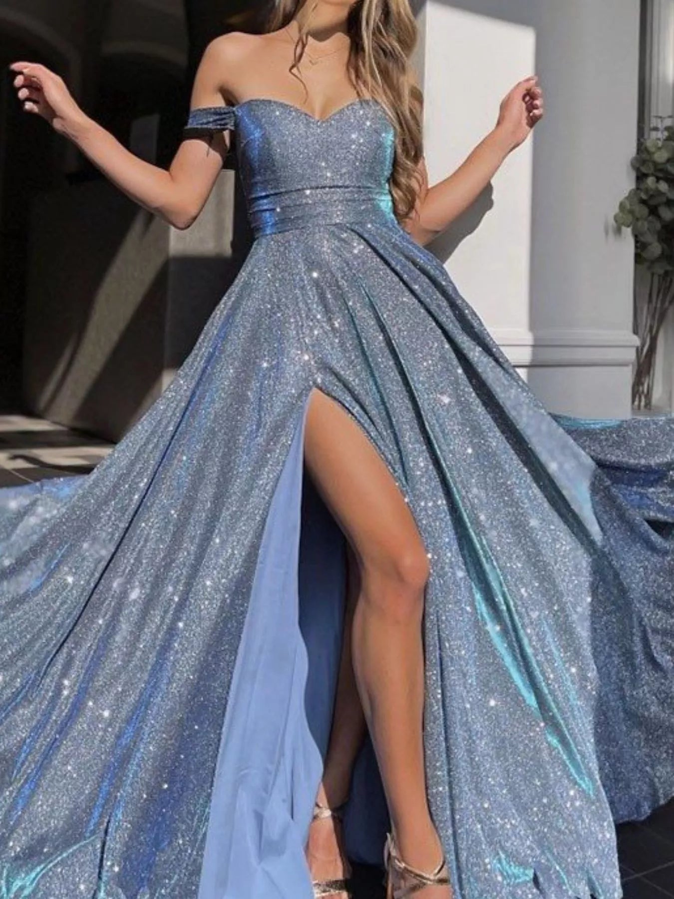 Glitter Off-Shoulder High Slit Maxi Dress - Elegant Evening Gown Main image