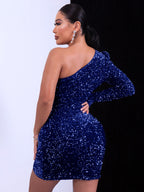 Side view of the elegant blue sequin dress showing the single long sleeve and slim fit
