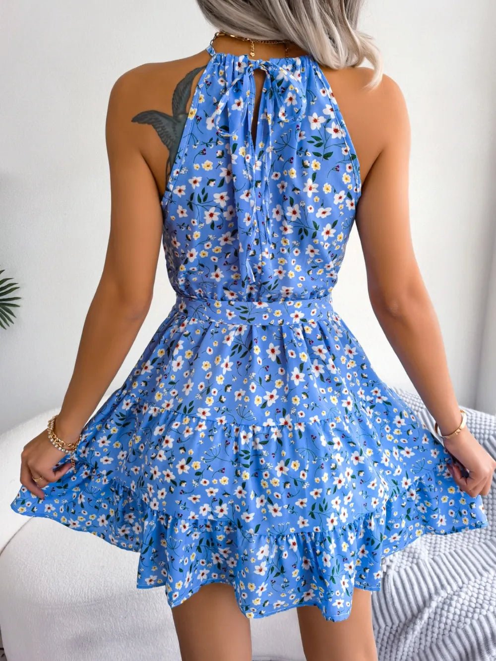 Grecian Neck Tie Waist Mini Dress