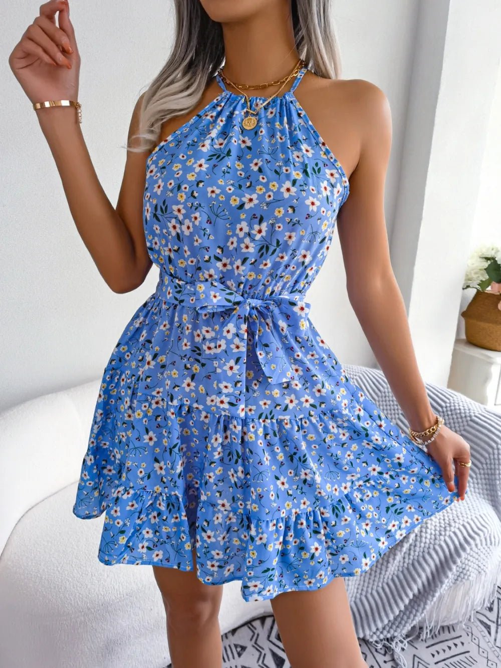 Grecian Neck Tie Waist Mini Dress
