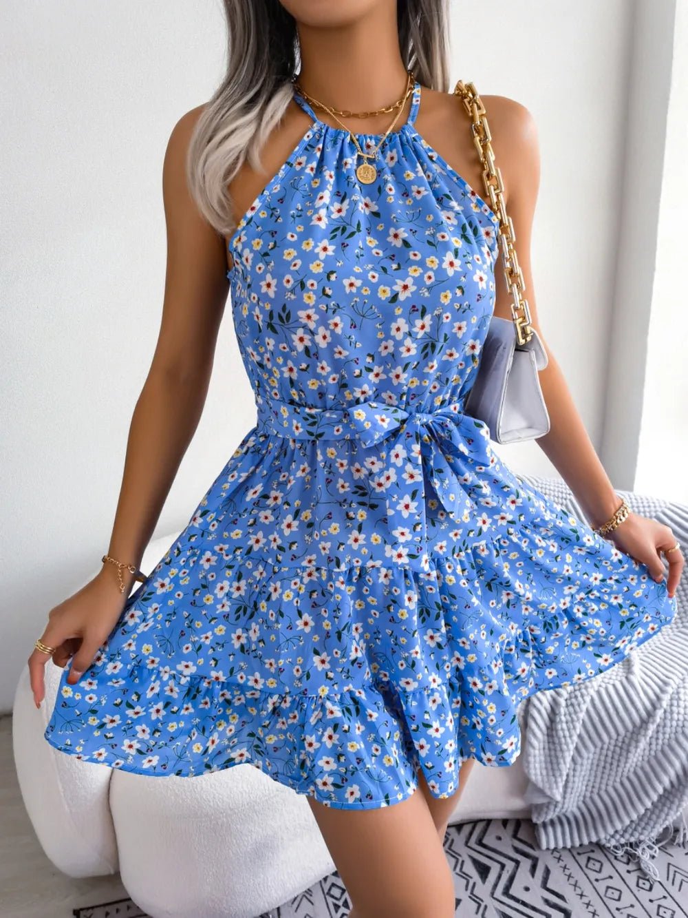 Grecian Neck Tie Waist Mini Dress