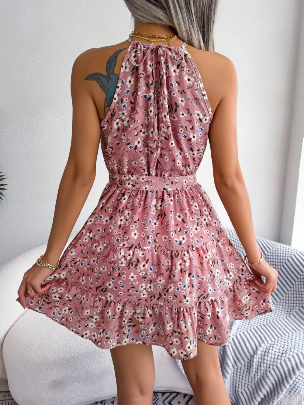 Grecian Neck Tie Waist Mini Dress