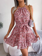 Grecian Neck Tie Waist Mini Dress