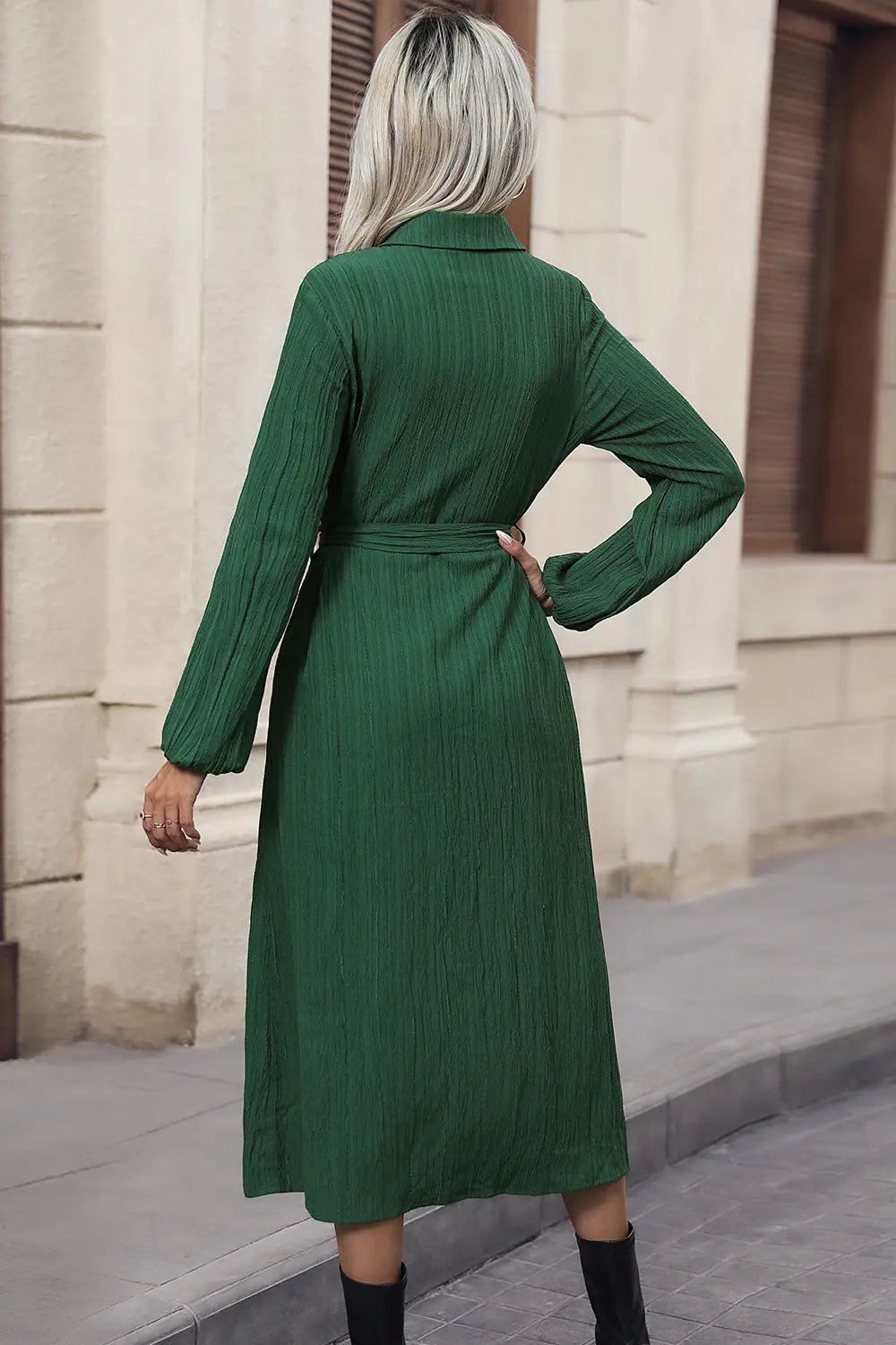 Green Belted Button Front Midi Dress