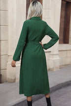 Green Belted Button Front Midi Dress