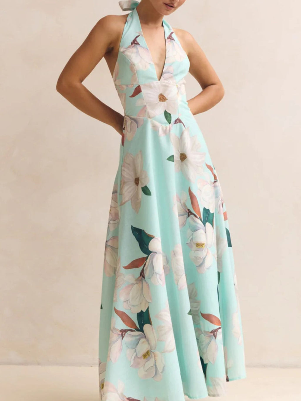 Halter Floral Open Back Maxi Dress