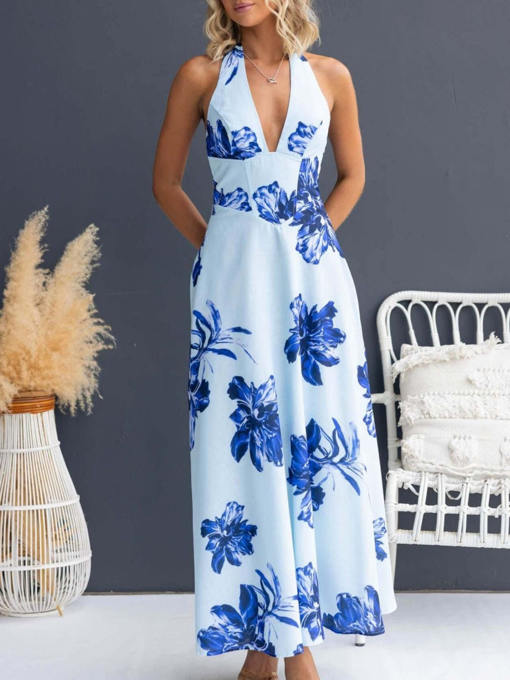 Halter Floral Open Back Maxi Dress