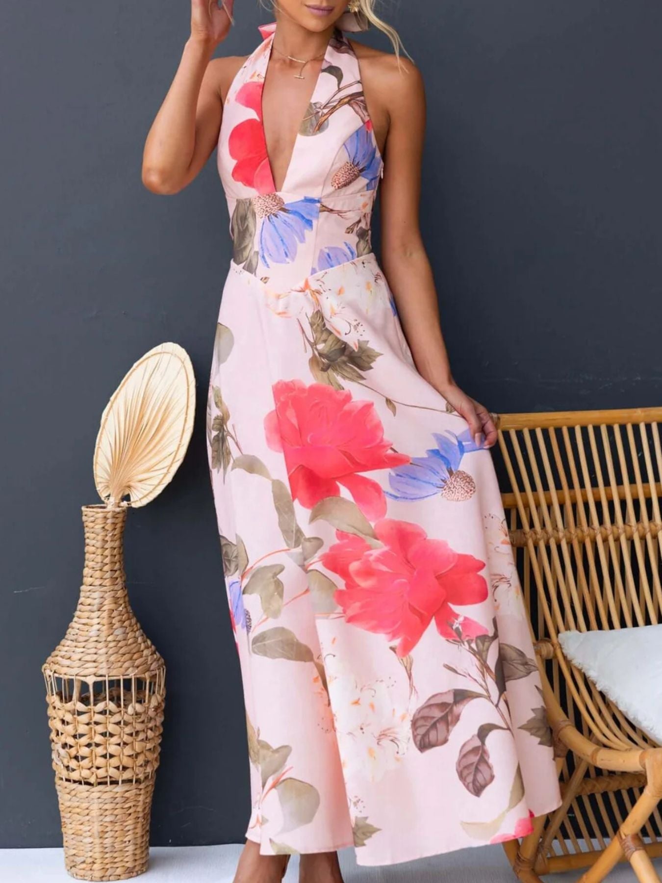 Halter Floral Open Back Maxi Dress