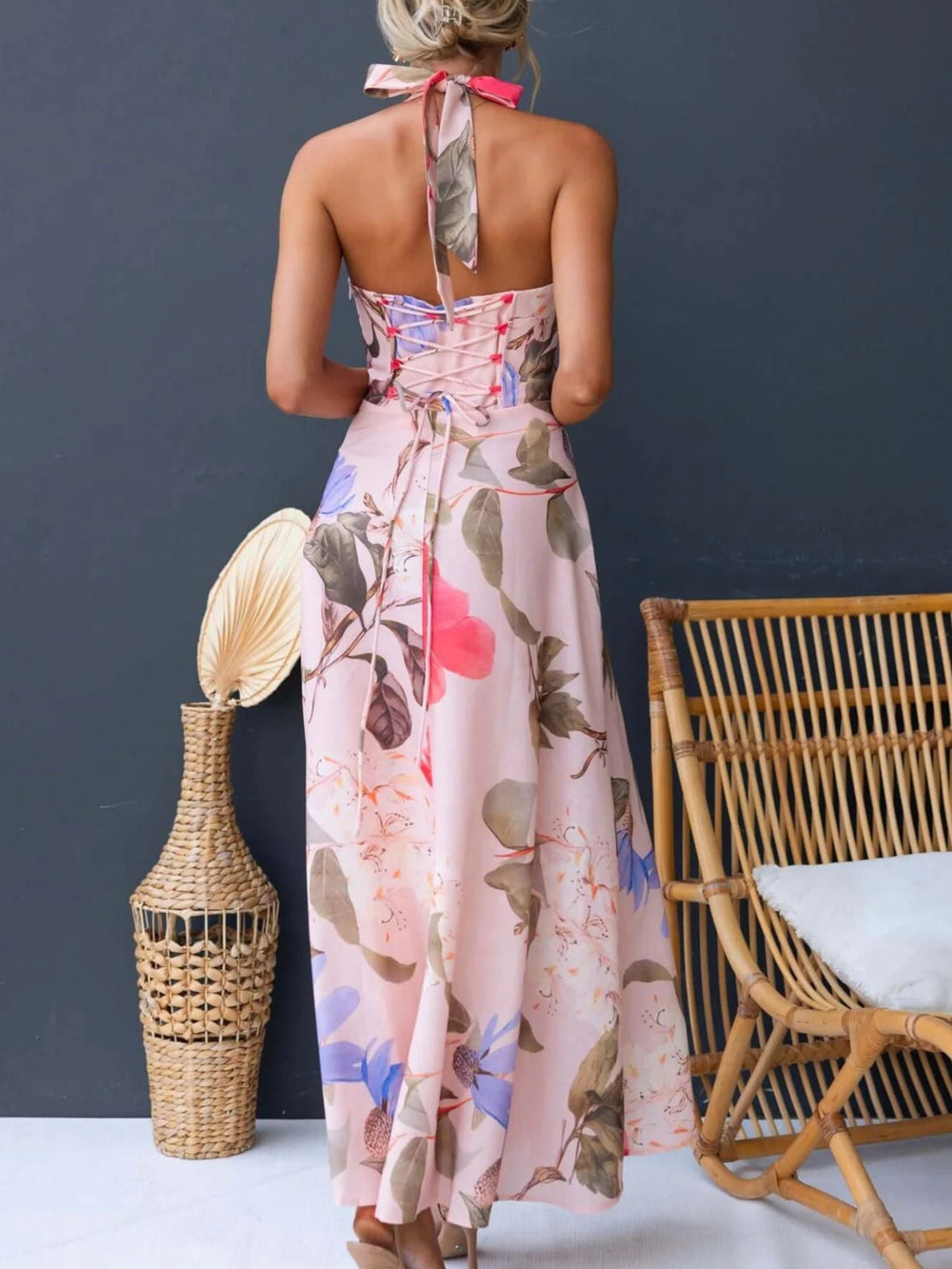 Halter Floral Open Back Maxi Dress