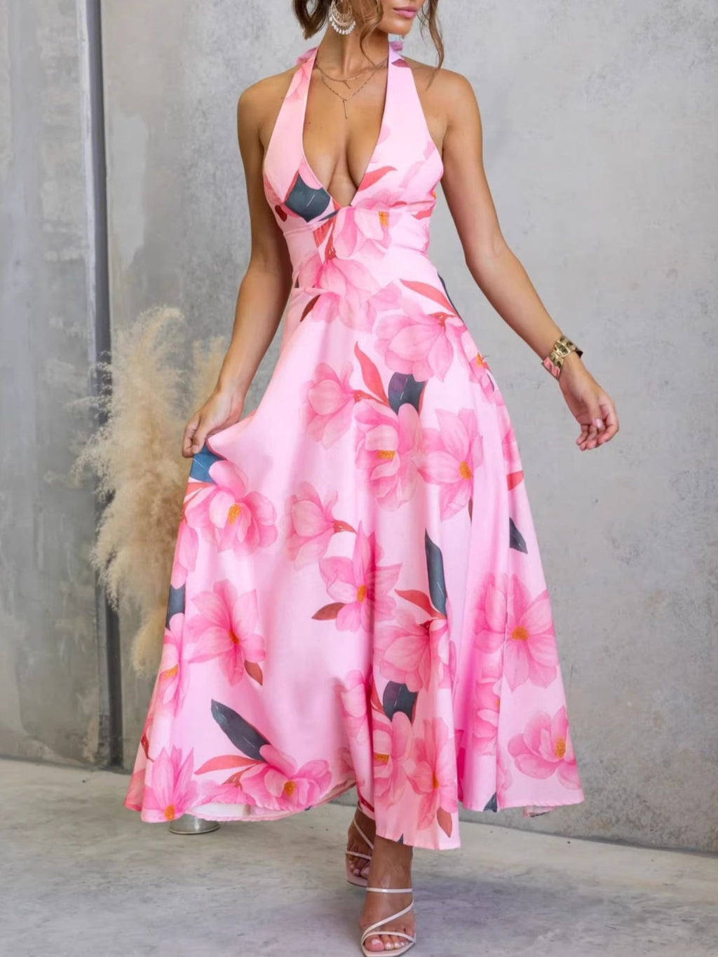 Halter Floral Open Back Maxi Dress