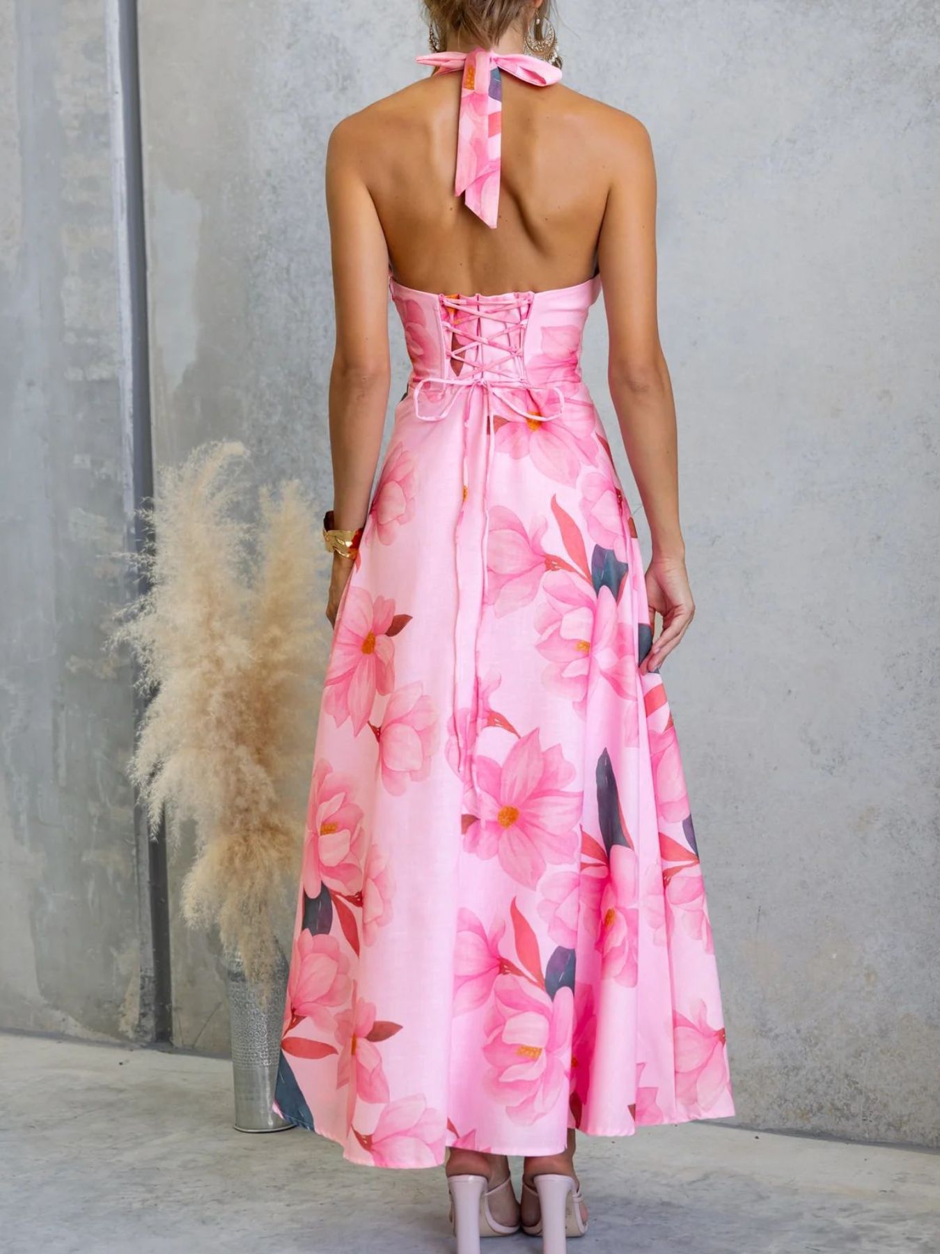 Halter Floral Open Back Maxi Dress