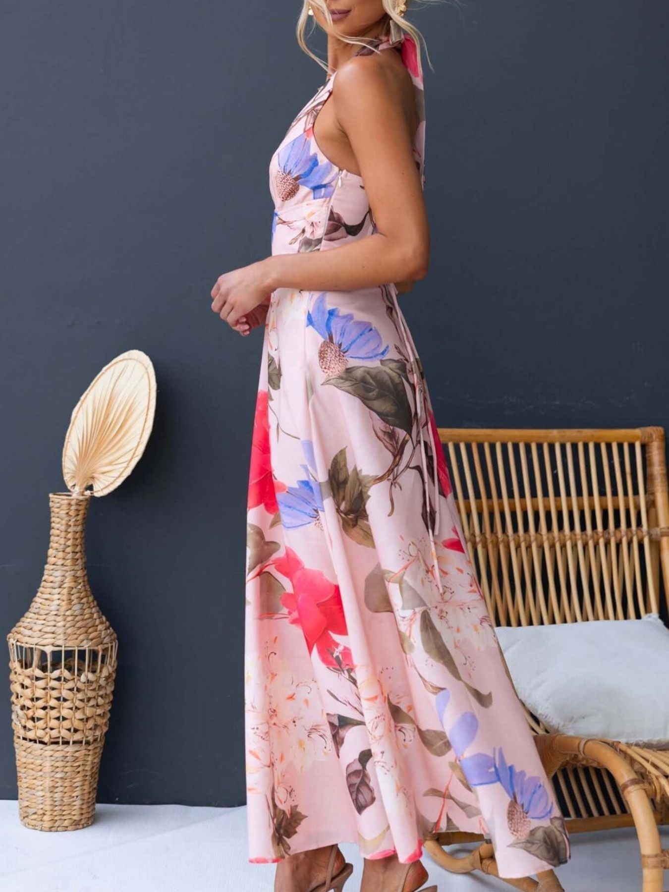Halter Floral Open Back Maxi Dress
