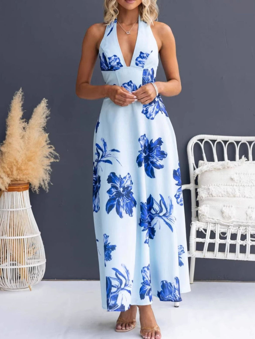 Halter Floral Open Back Maxi Dress