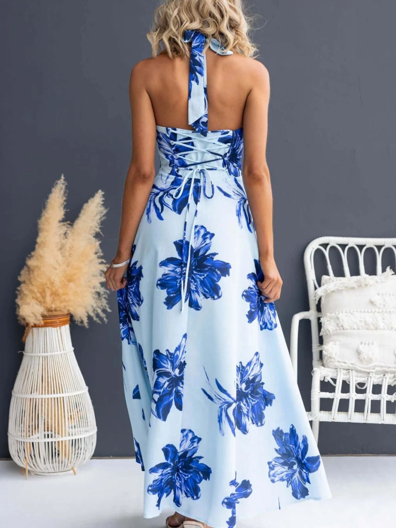 Halter Floral Open Back Maxi Dress