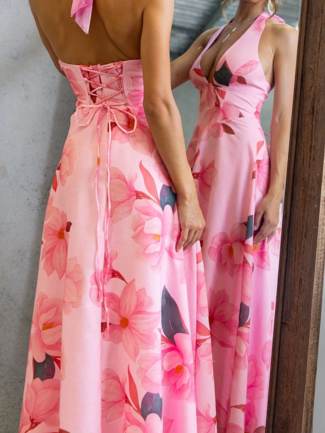 Halter Floral Open Back Maxi Dress