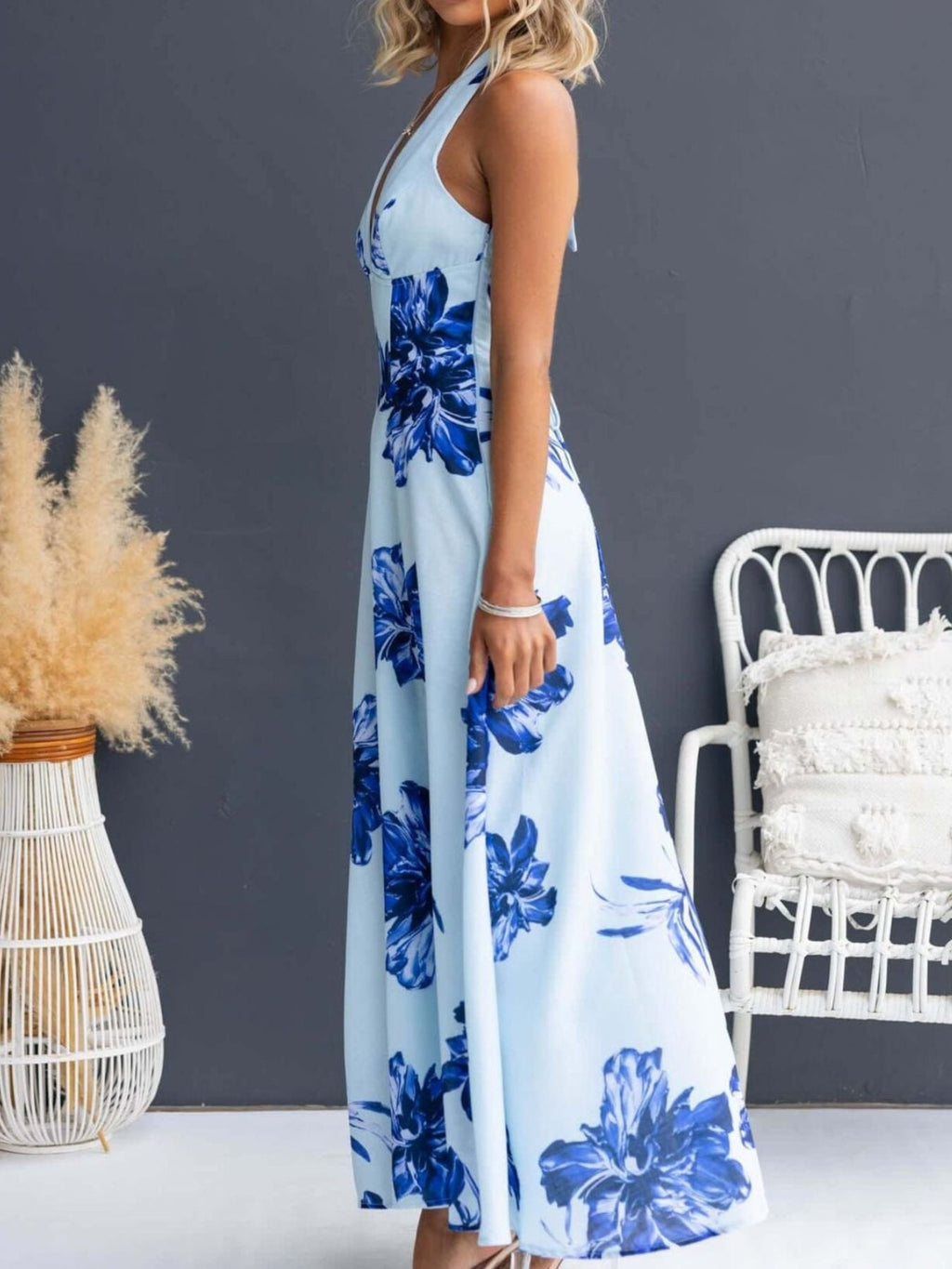 Halter Floral Open Back Maxi Dress