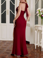 Halter Neck Ruched Slit Maxi Dress