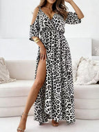 Leopard Print Maxi Dress with Slit and Cold Shoulder Detail