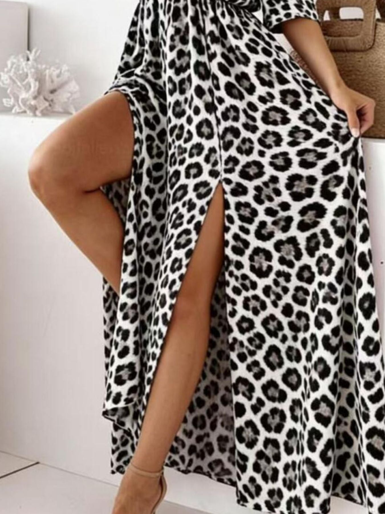 Leopard Print Maxi Dress with Slit and Cold Shoulder Detail