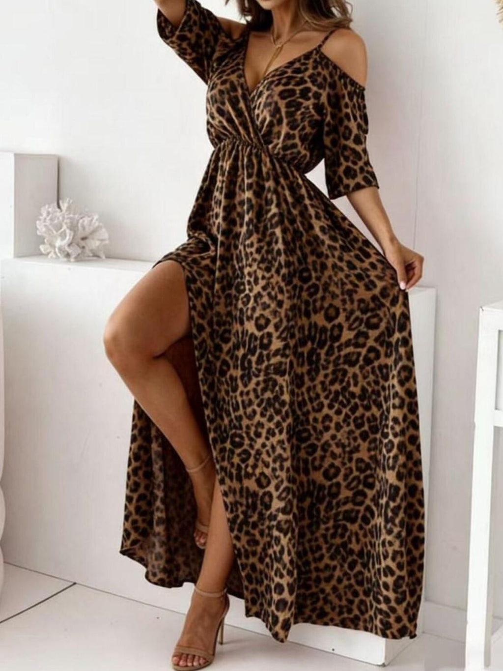 Leopard Print Maxi Dress with Slit and Cold Shoulder Detail