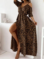 Leopard Print Maxi Dress with Slit and Cold Shoulder Detail
