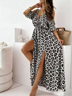 Leopard Print Maxi Dress with Slit and Cold Shoulder Detail