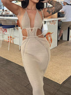 Men-Stop-Staring Backless Cutout Halter Knit Maxi Dress
