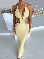 Men-Stop-Staring Backless Cutout Halter Knit Maxi Dress