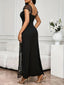 Side view of the bodycon ruched maxi dress showing the off-the-shoulder design
