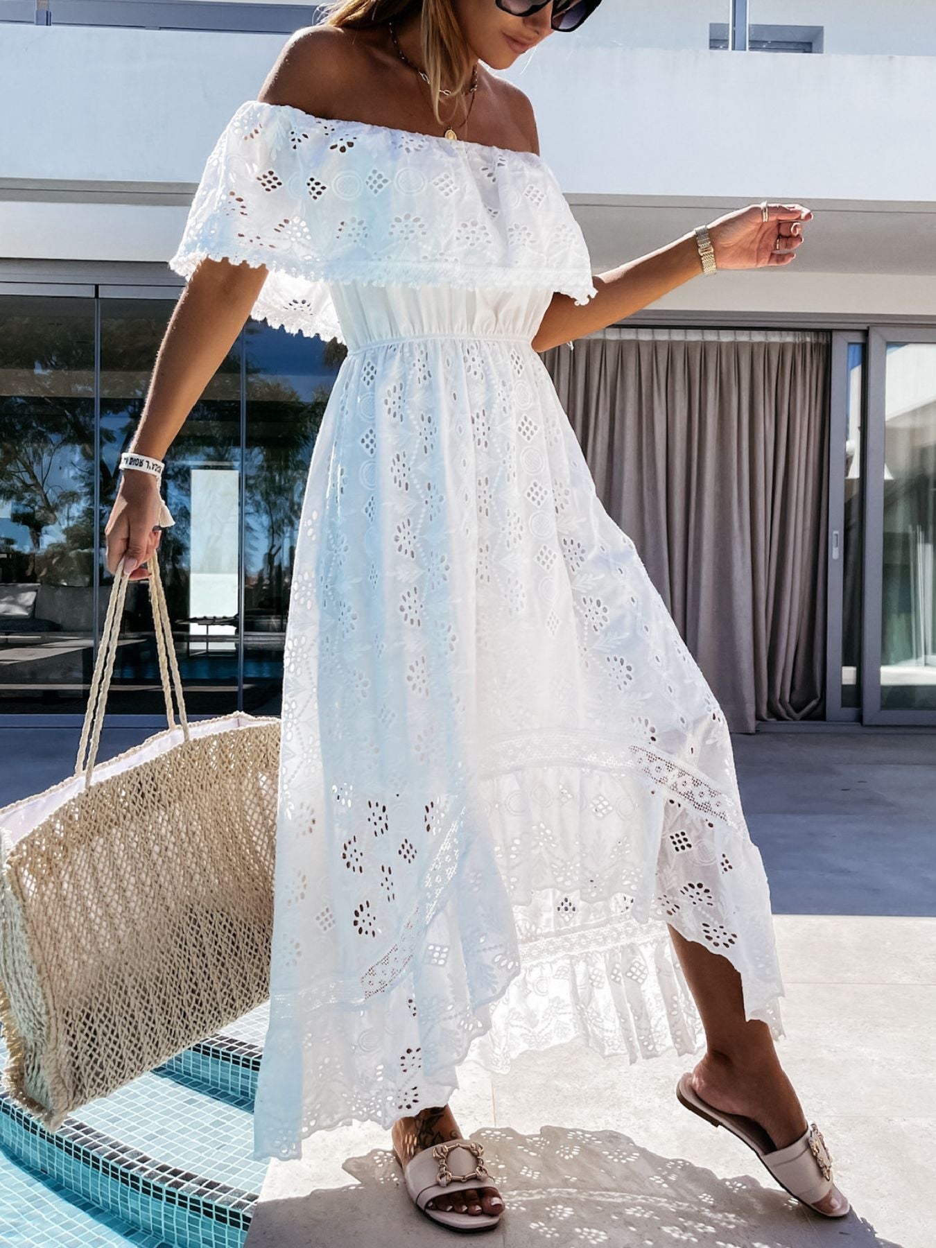 Off-Shoulder Eyelet Lace Maxi Dress