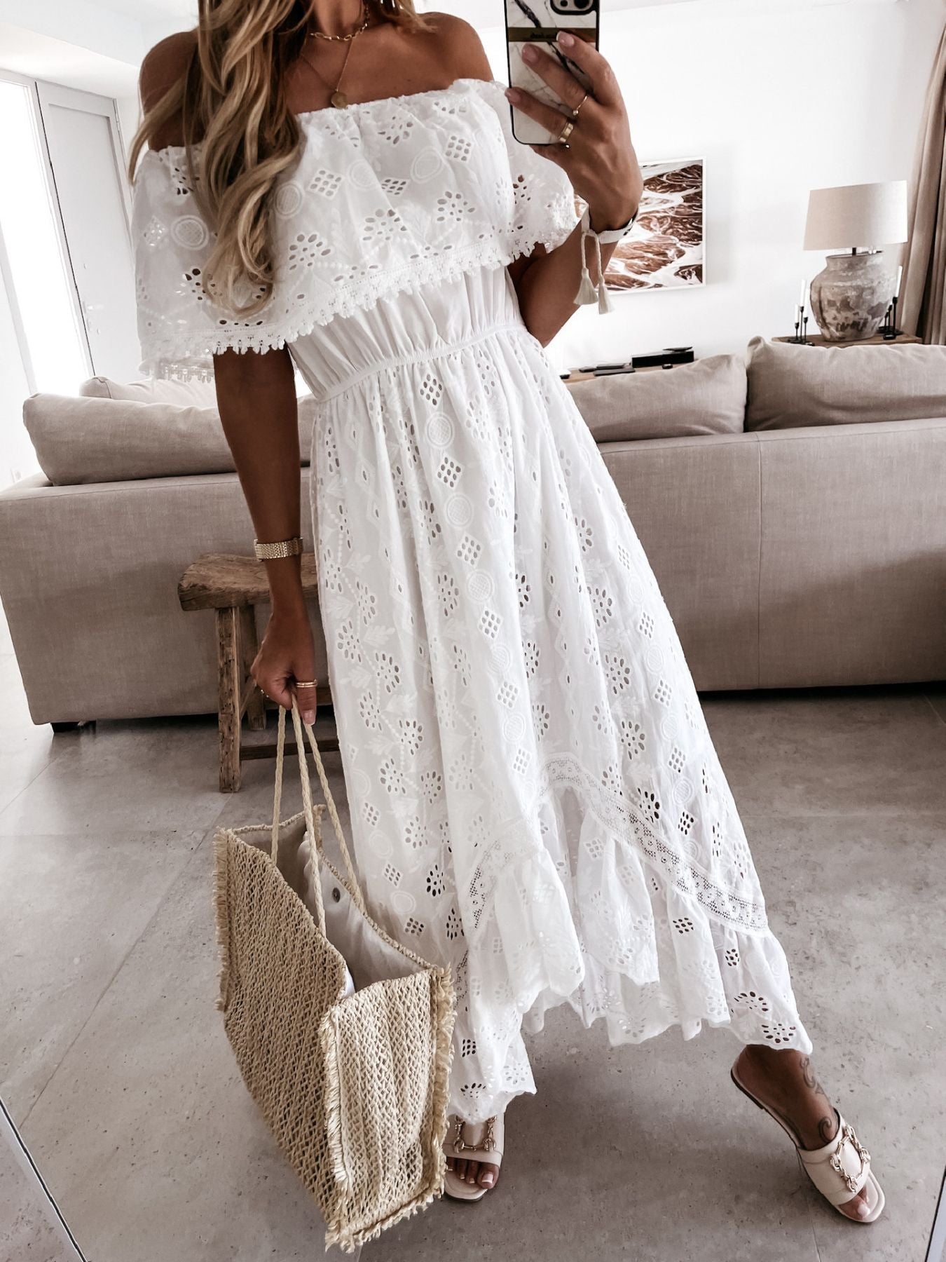 Off-Shoulder Eyelet Lace Maxi Dress
