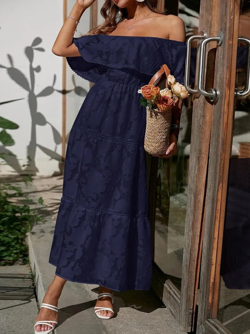 Off Shoulder Ruched Midi Dress
