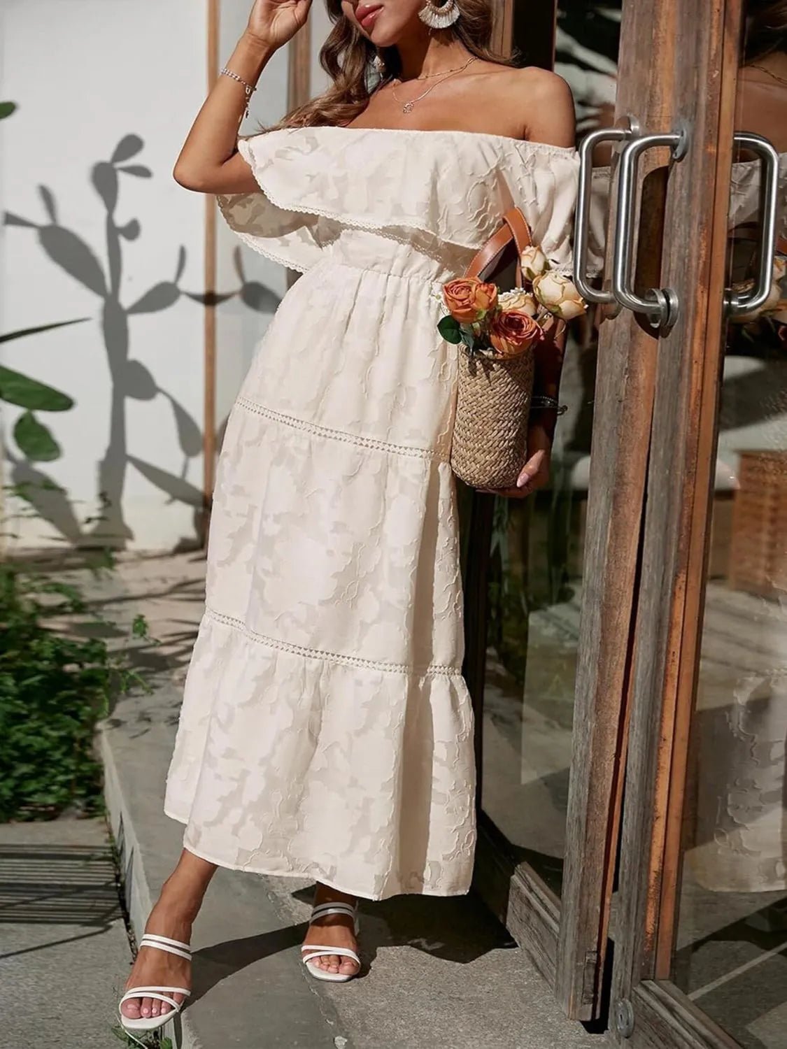 Off Shoulder Ruched Midi Dress