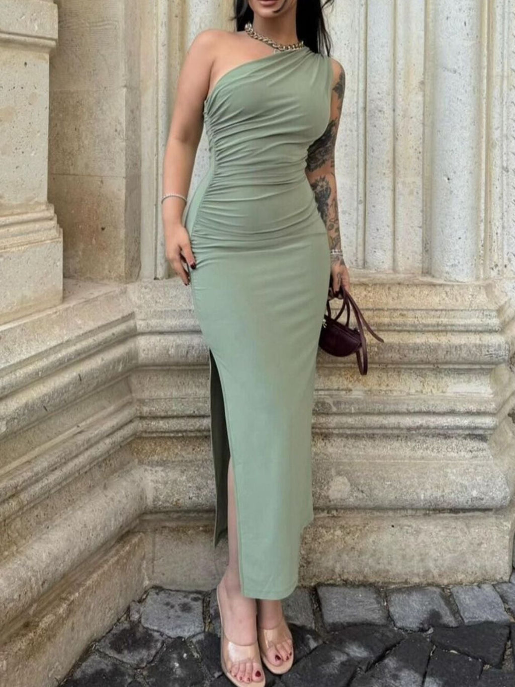 One Shoulder Ruched Bodycon Slit Dress – Sculpt Fit