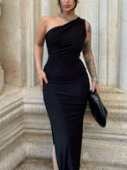 One Shoulder Ruched Bodycon Slit Dress – Sculpt Fit
