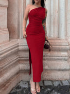 One Shoulder Ruched Bodycon Slit Dress – Sculpt Fit