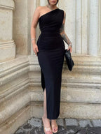 One Shoulder Ruched Bodycon Slit Dress – Sculpt Fit