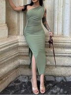 One Shoulder Ruched Bodycon Slit Dress – Sculpt Fit