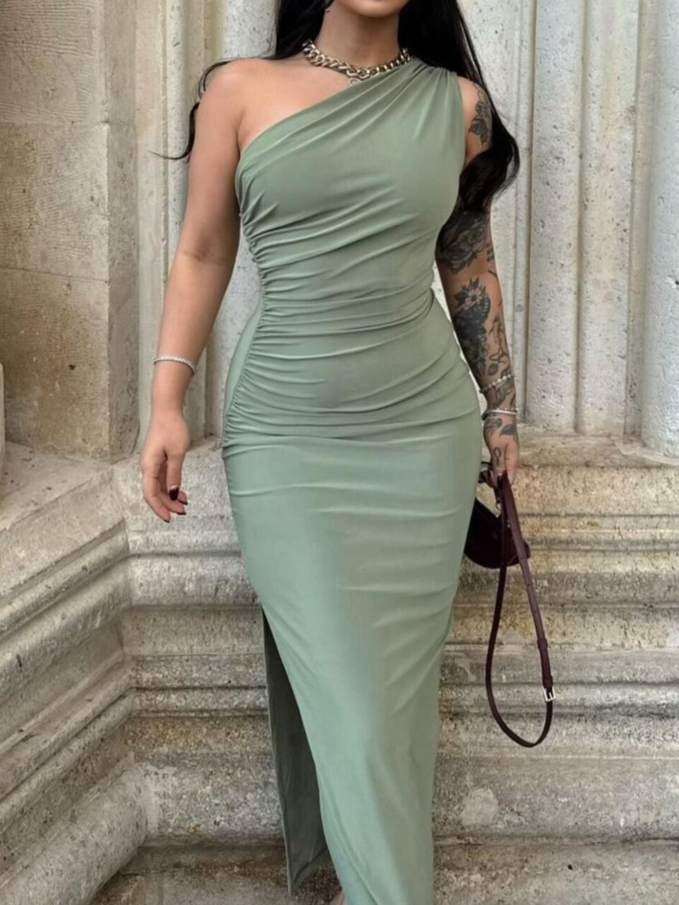 One Shoulder Ruched Bodycon Slit Dress – Sculpt Fit