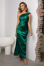 One-Shoulder Ruched Maxi Dress with Side Slit