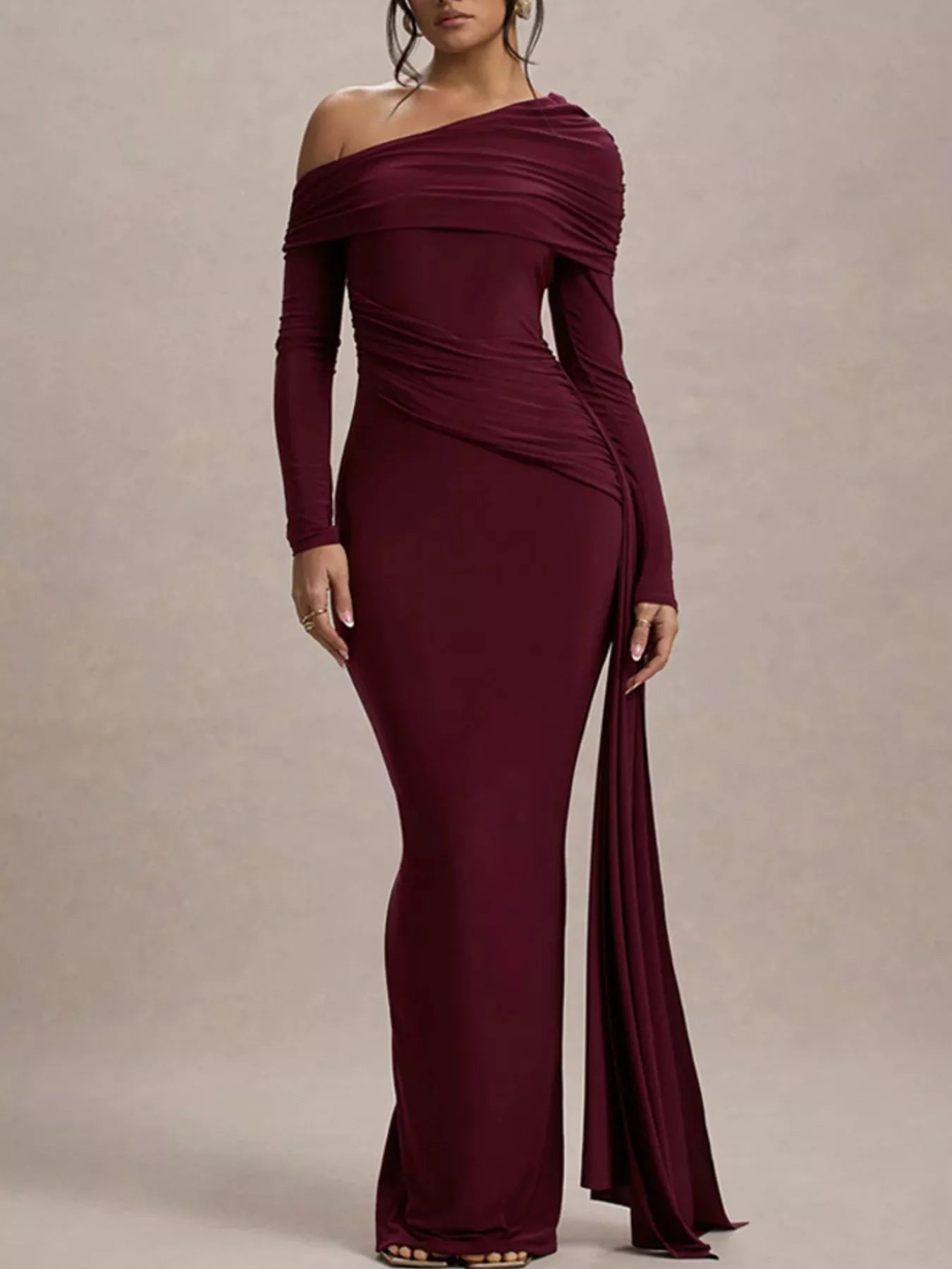 One Shoulder Ruched Slit Maxi Dress