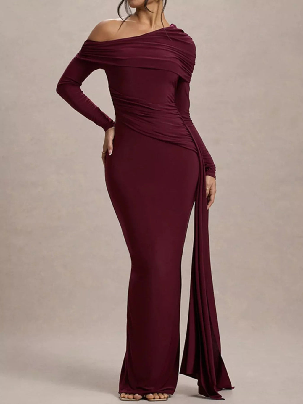 One Shoulder Ruched Slit Maxi Dress