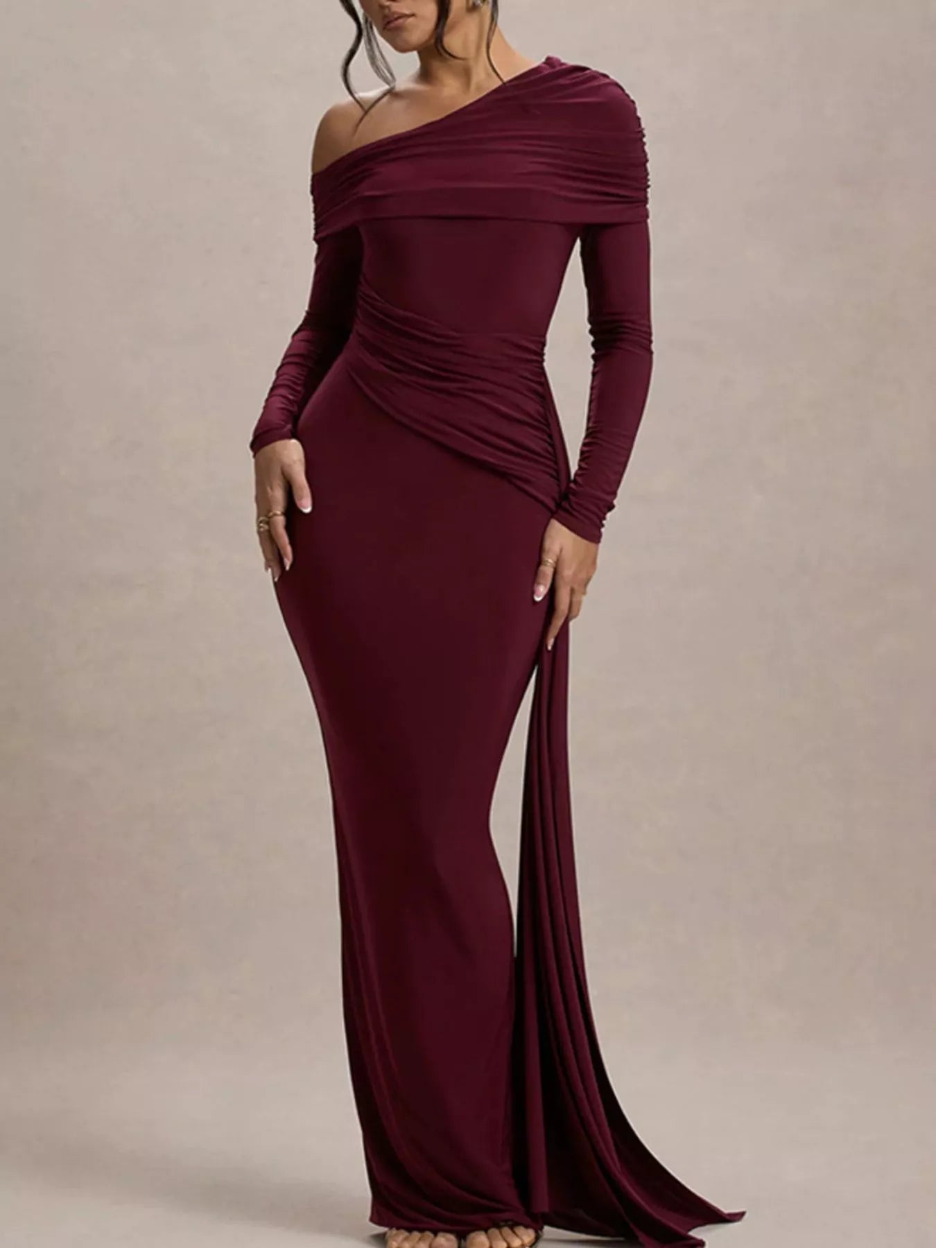 One Shoulder Ruched Slit Maxi Dress