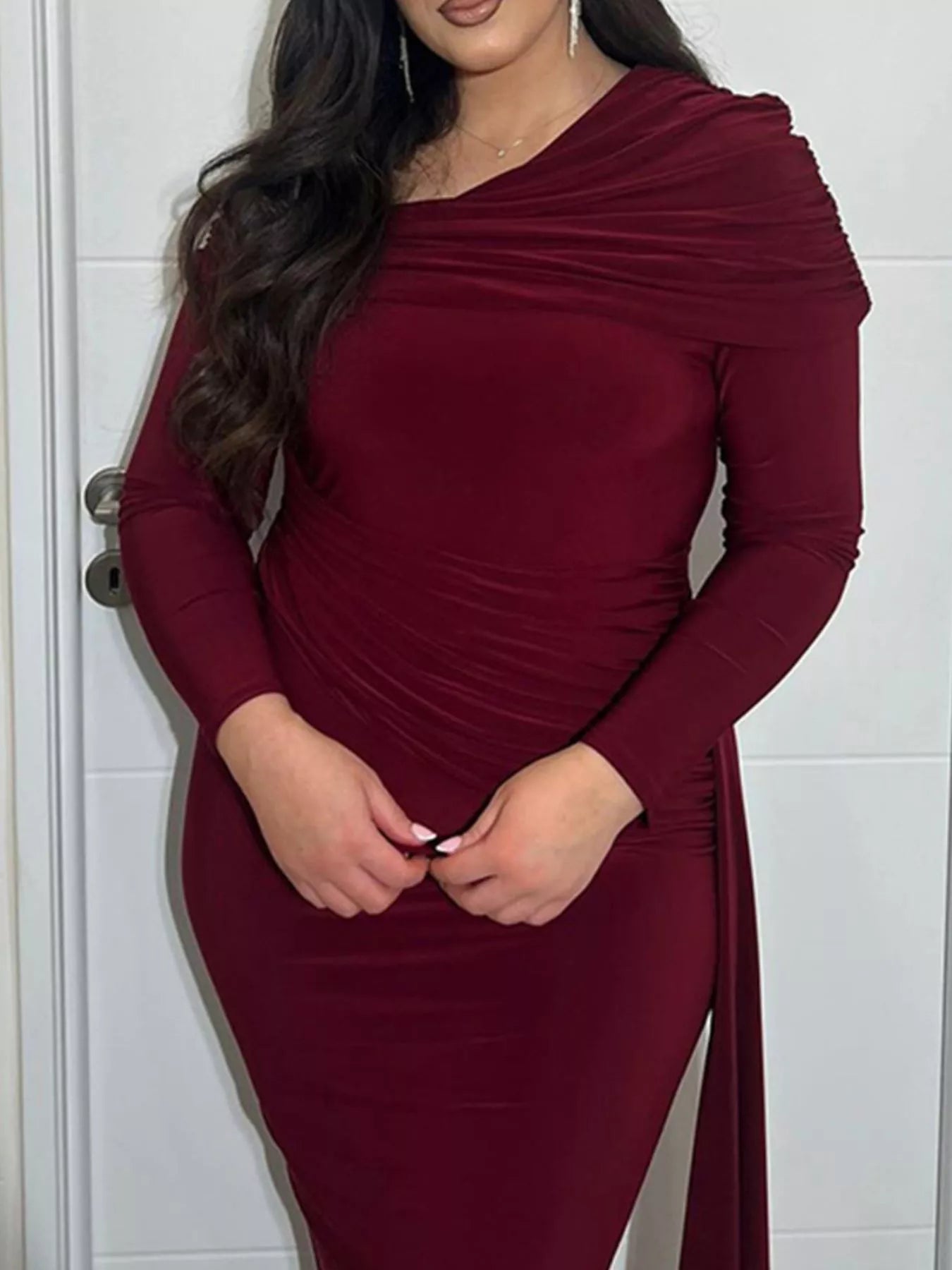 One Shoulder Ruched Slit Maxi Dress
