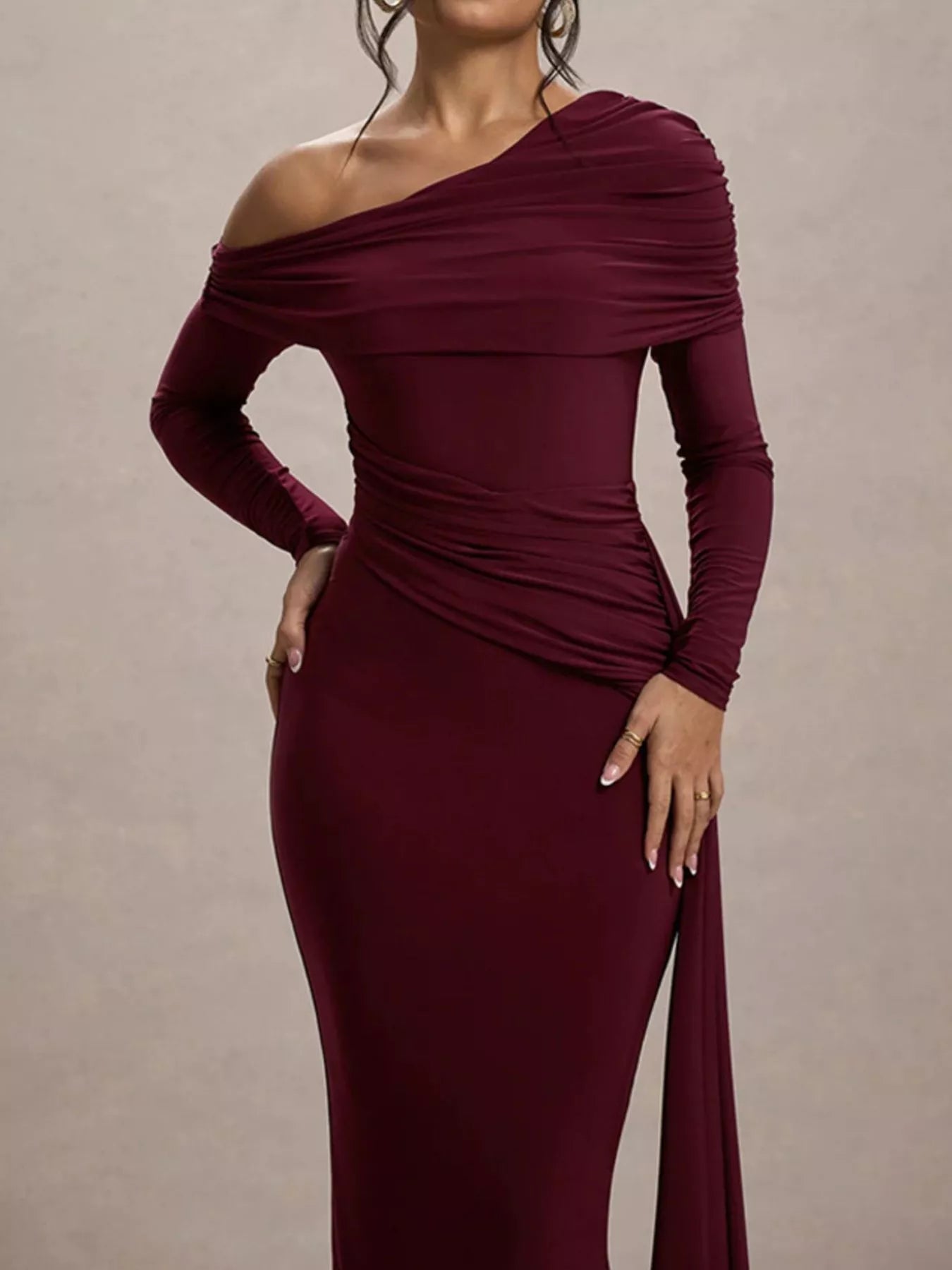 One-Shoulder Ruched Maxi Dress with Slit Secondary image