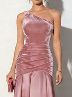 Model wearing the Dusty Rose Velvet One-Shoulder Mermaid Dress - Heraki Elegant Collection