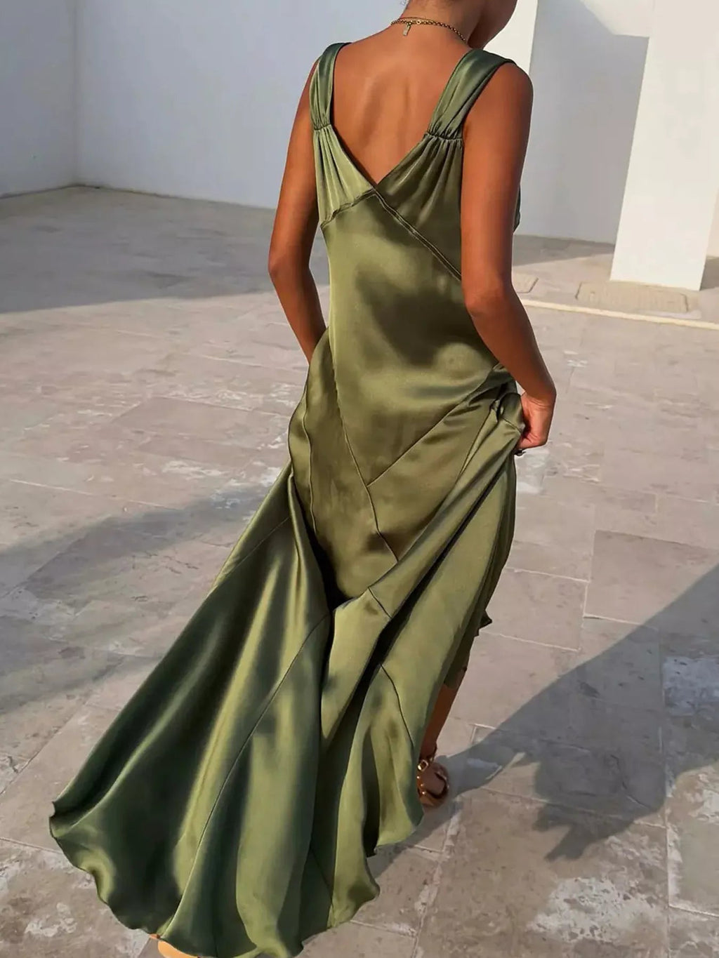 Satin V Neck Slit Maxi Dress